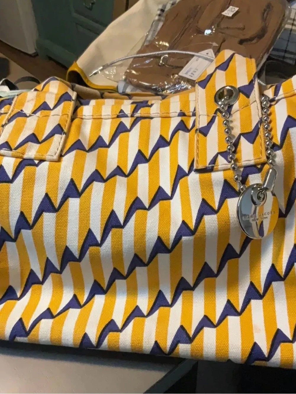 Marc Jacobs Yellow, Navy & White Geometric Canvas Tote